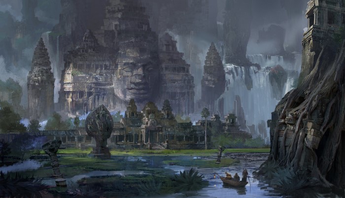 Fantasy ancient temple ruins with waterfalls and a boat