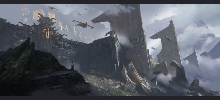 Futuristic city artwork with flying vehicles