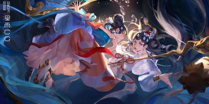 Two fantasy women in traditional attire with flowing fabrics