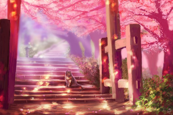 Cat sitting on stairs under cherry blossom trees