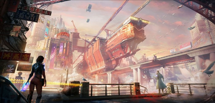 Futuristic city with a large red vehicle and two figures