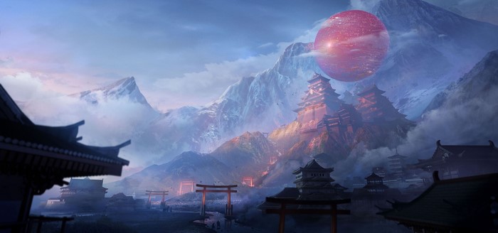 Asian architecture and mountains with a red planet