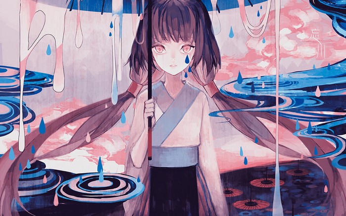 Luo Tianyi from Vocaloid holding an umbrella in the rain
