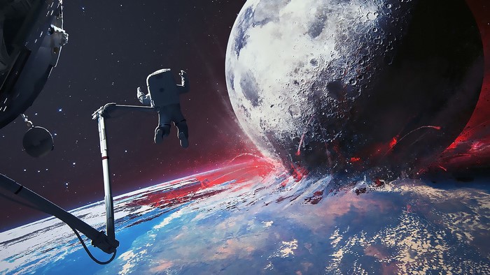 Astronaut near Earth and Moon during impact