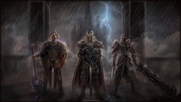 Three armored figures in the rain, Dark Souls II