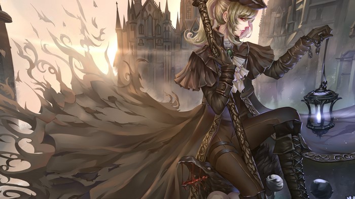 Anime girl with lantern in gothic city