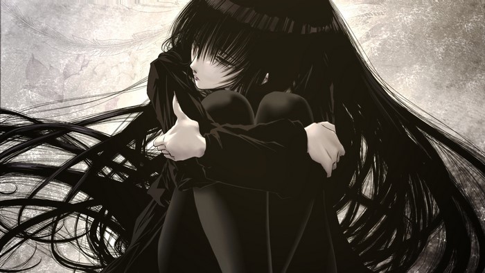 Anime girl with black hair holding knees
