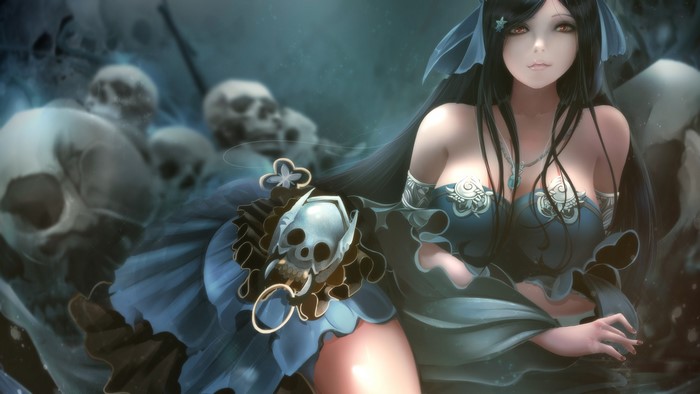 Anime girl with skulls and blue dress