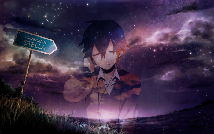Anime boy with headphones against a starry sky