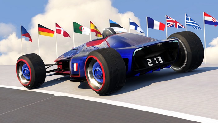 Trackmania 4K racing car with flags
