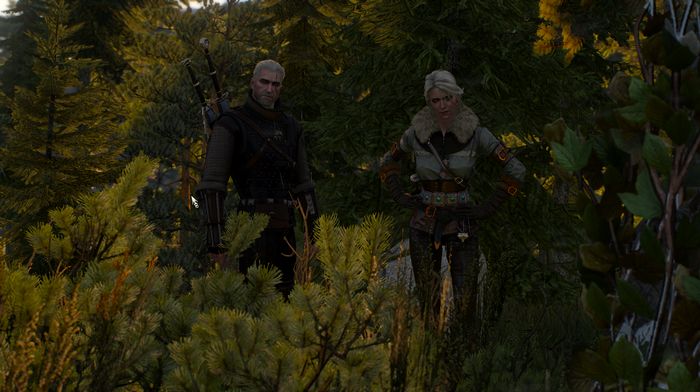 Geralt and Ciri from The Witcher 3: Wild Hunt in a forest