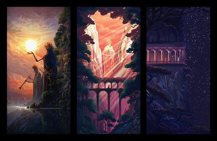 Fantasy triptych artwork with skeletal figures and celestial beings