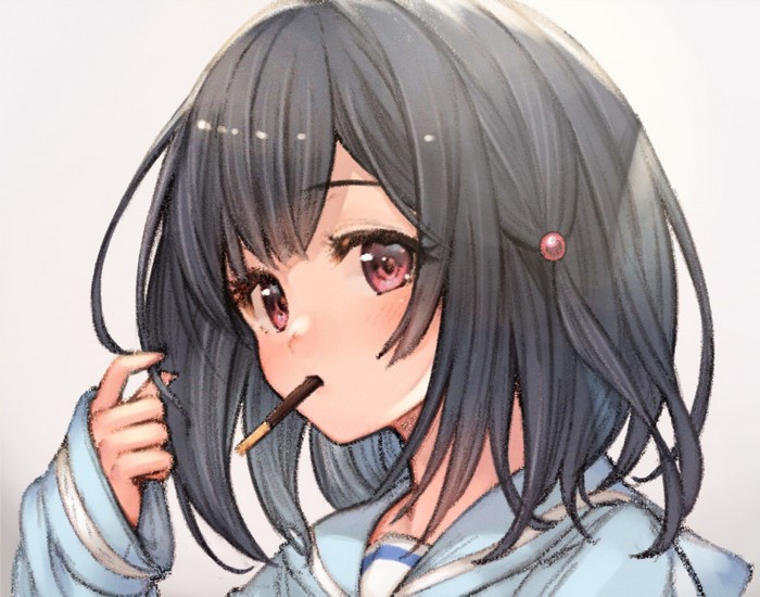Anime girl with dark hair eating Pocky