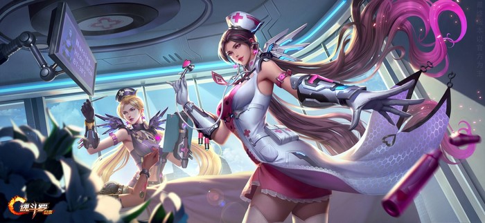 Two nurses in futuristic outfits with stethoscopes