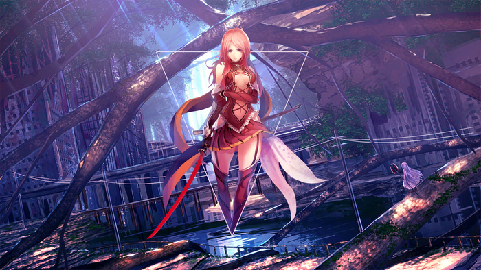 Anime girl with pink hair and sword in forest