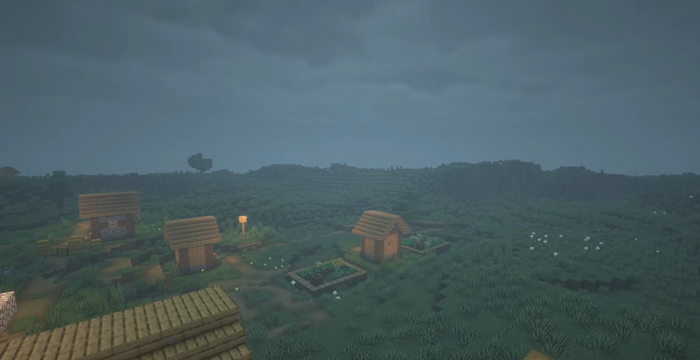 Minecraft village during a rainstorm
