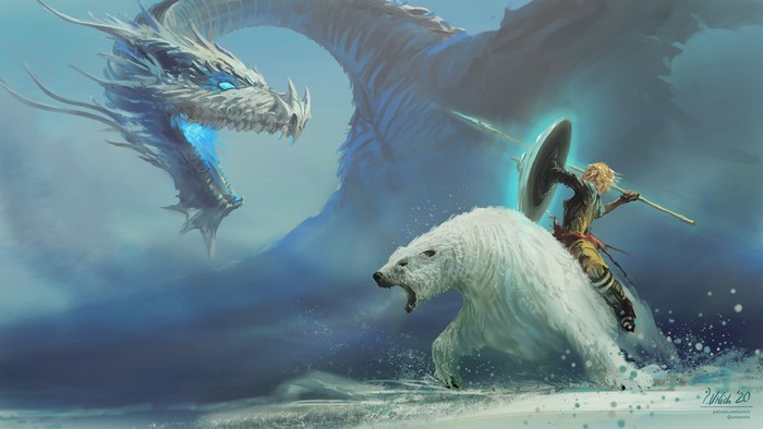 Warrior riding polar bear fighting ice dragon