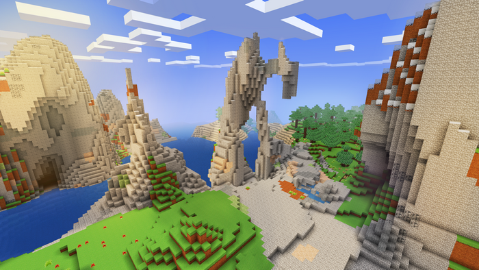 Minecraft landscape with stone statue and mountains
