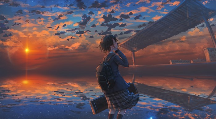 Anime girl with backpack at sunset by the water