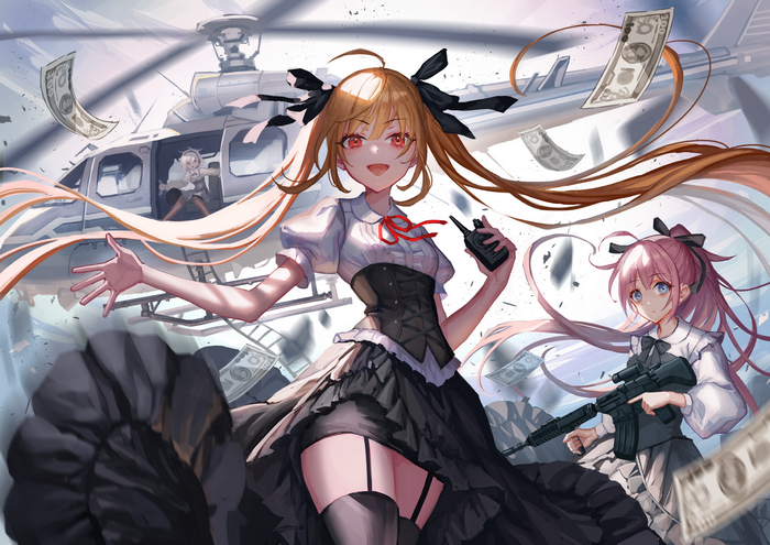 Anime girls with guns and money near a helicopter