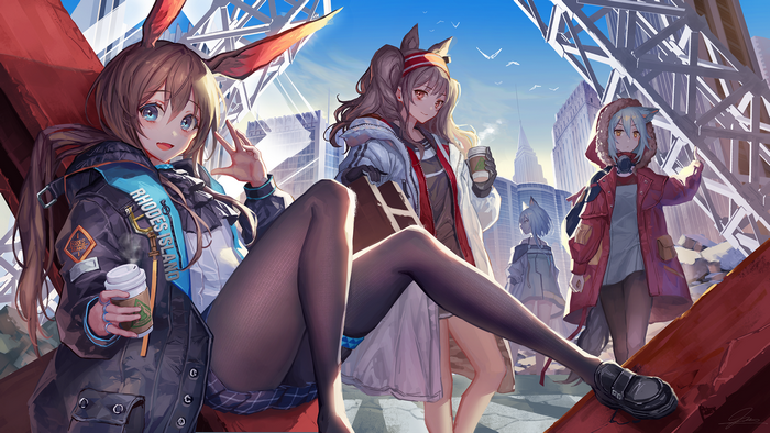 Anime girls from Arknights in a city