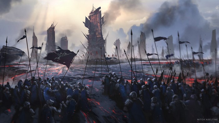 Army with flags in a fiery landscape with ruined structures