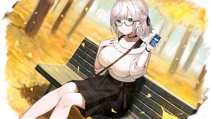 Shirogane Noel from Hololive sitting on a bench in fall