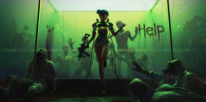 Woman with gun and zombies in green room