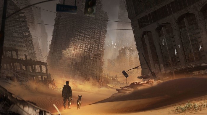 Post-apocalyptic survivor with dog in ruined city desert