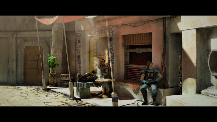 The Mandalorian characters in a Star Wars scene