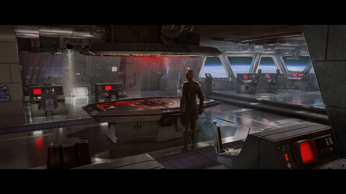 The Mandalorian in a Star Wars spaceship bridge