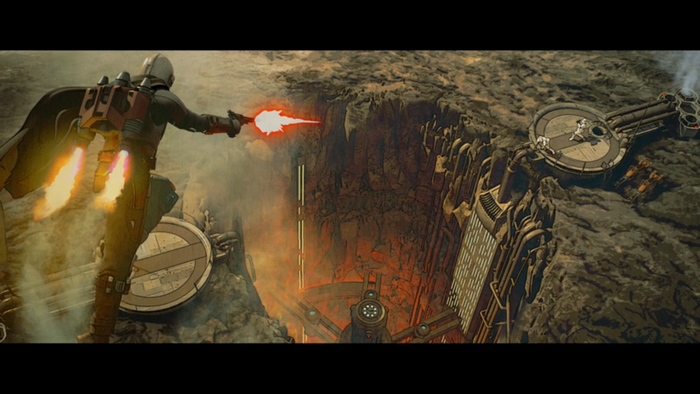 The Mandalorian firing blaster near a chasm