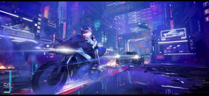 Cyberpunk girl on motorcycle in neon city