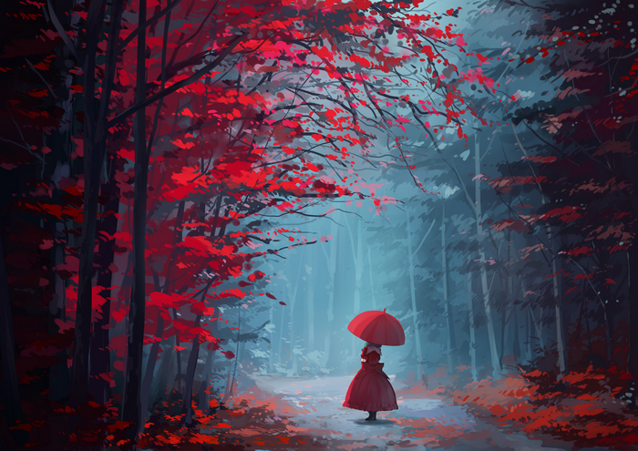 Girl with umbrella in a red forest