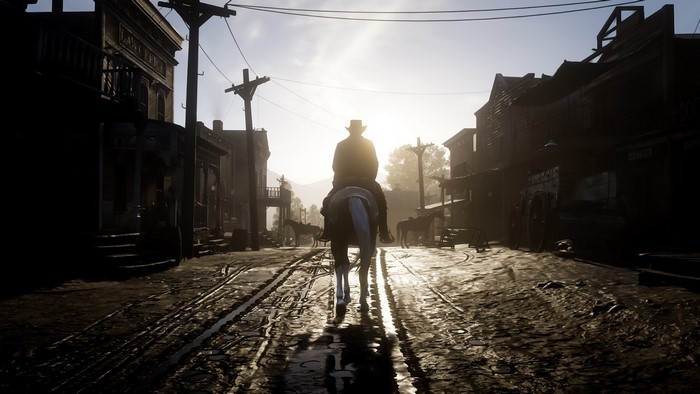 Man on horse in Red Dead Redemption 2 town