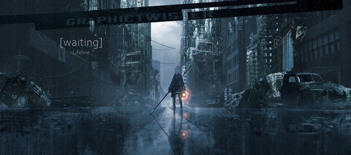 Anime girl with lantern in ruined city