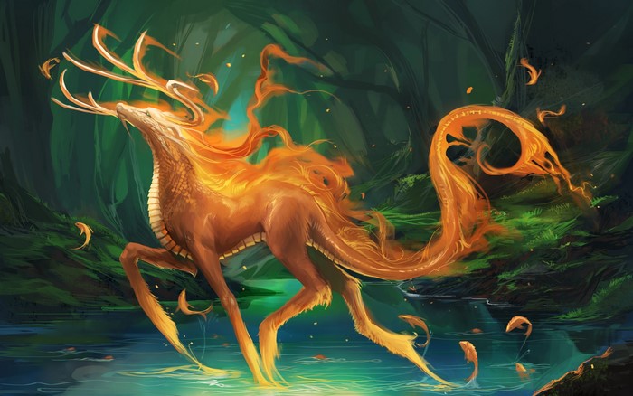 Fantasy creature with antlers and fiery mane in a forest river