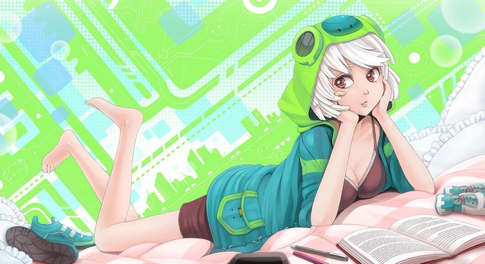 Anime girl with frog hoodie in bed with books