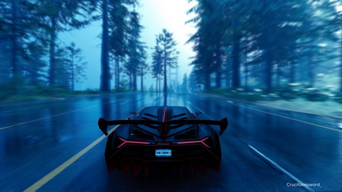 Lamborghini Veneno from The Crew 2 on a wet road