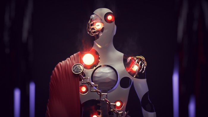 3D artwork of a cyborg with red lights