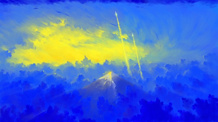 Rockets launching over a mountain peak at sunrise