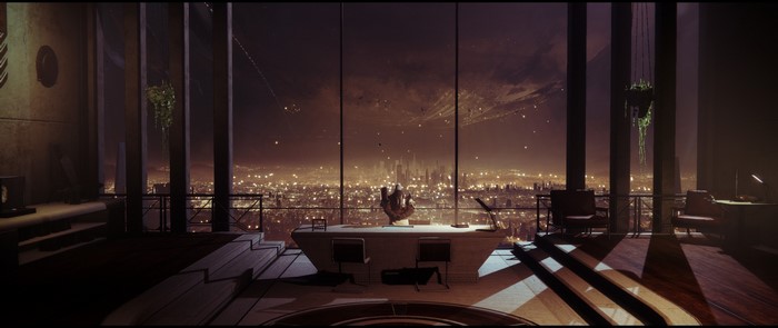 Zavala from Destiny 2 in his office overlooking a city