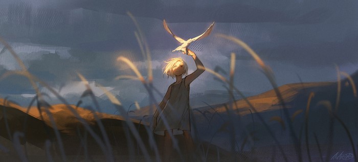 Girl holding a bird in a field at sunset