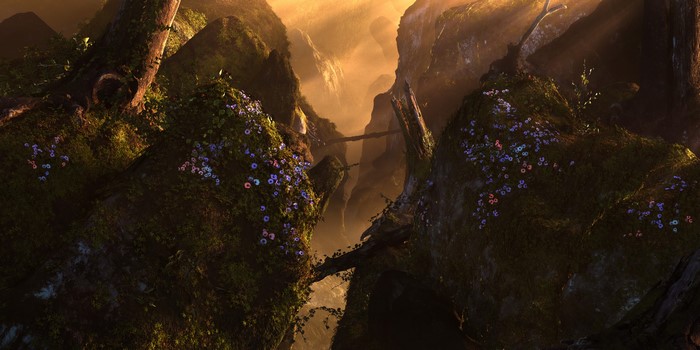 4K digital art of a mountain canyon with flowers