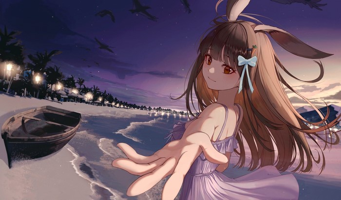 Anime Girl with Bunny Ears at Beach Sunset