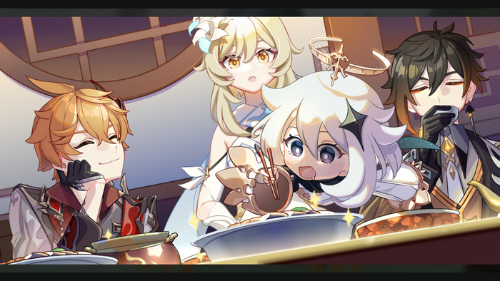 Childe, Lumine, Paimon, and Zhongli from Genshin Impact eating together