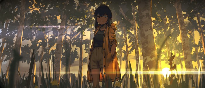 Anime girl in yellow raincoat in forest at sunset