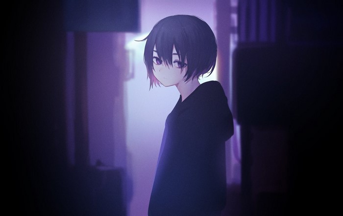 Anime girl with short black hair and purple eyes