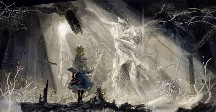 Alice Margatroid from Touhou and a statue