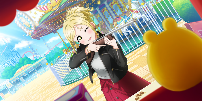 Ohara Mari from Love Live! Sunshine! aiming a rifle at an amusement park